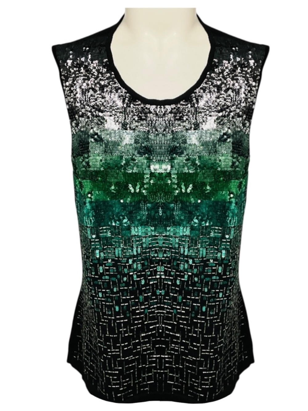 OSCAR DE LA RENTA BLACK / GREEN / SILVER METALLIC SEQUINED SLEEVELESS KNIT SWEAT